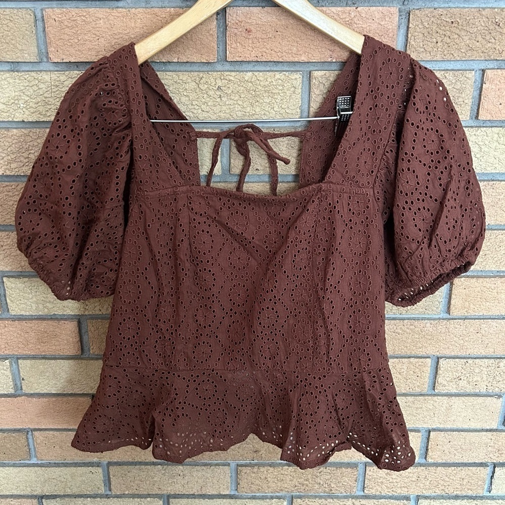 NWT Band of the Free Smocked Peplum Crop Cotton Eyelet Lace Top Brown Size Large